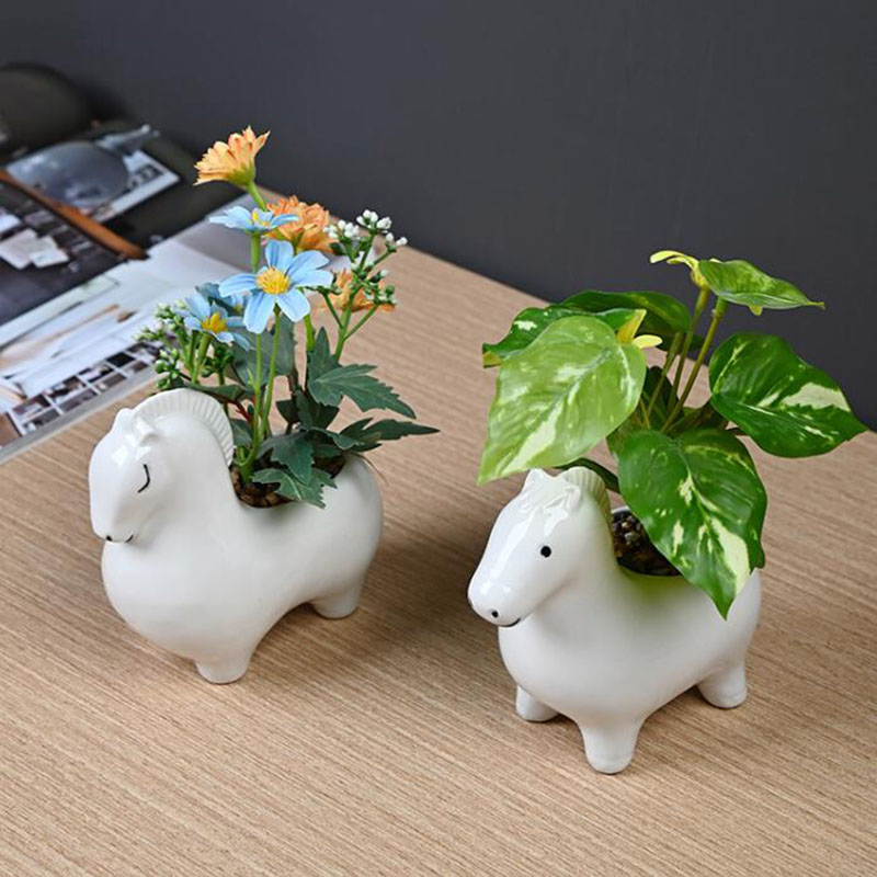 白い磁器製の創造的な馬の形をした植木鉢、緑の植物鉢、盆栽用花 - Bonsai Garden Art のレビューと価格
